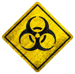Rusty biohazard warning sign with grunge texture on white background, biological hazard symbol in yellow and black.