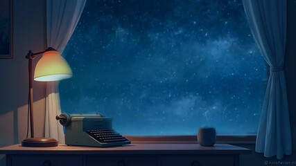 Minimalist desk with a vintage typewriter and warm lamp, set against a clear starry night sky through a large window with curtains. - Powered by Adobe