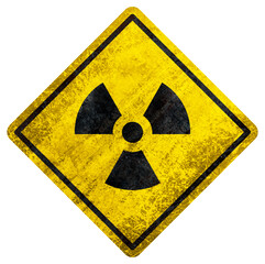 Grunge radiation warning sign, yellow background with black radioactive symbol, distressed and worn texture, industrial hazard concept