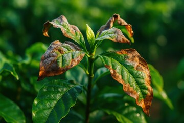 Dried leaves on a green plant, showcasing texture and color contrast in a natural setting.