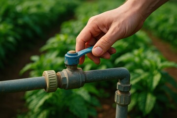 A hand operates a blue valve on a pipe, surrounded by lush green plants in a garden setting.