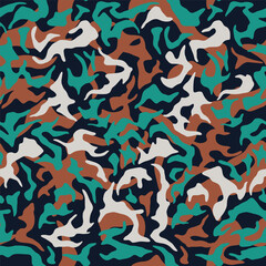 Green classical camouflage pattern. Army khaki clothing style background. Forest masking military camo. Vector seamless texture