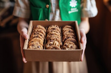 Cookies in box held at eye level