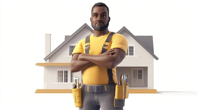 Confident handyman posing in front of a pristine home showcasing expertise and reliability