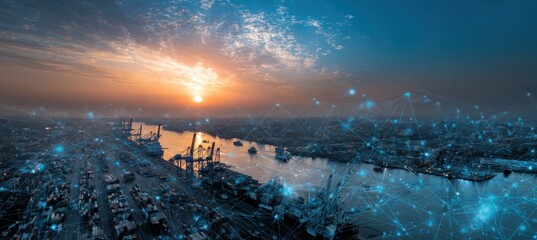 Industrial port city at sunset with network overlay