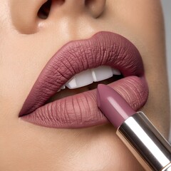 Close-Up of Woman Applying Nude Matte Lipstick