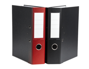 Two colorful office binders for organization.