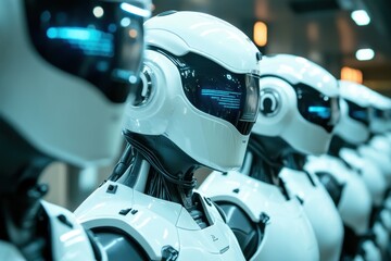 Fototapeta premium A lineup of futuristic robots stands in a modern exhibition space, showcasing innovative design and advanced technology. The sleek aesthetics embody the future of robotics.