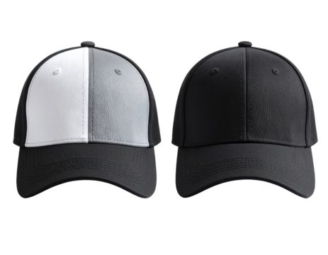 Stylish black and white baseball caps displayed.