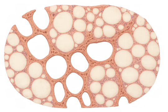 Microscopic view of lung tissue highlighting alveoli and bronchioles, essential for gas exchange, presented on a transparent background