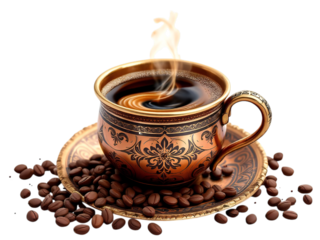 A decorative cup of coffee with steam and coffee beans on a saucer against a black background