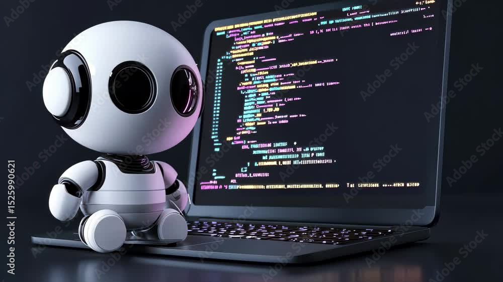 Poster robot sitting next to a laptop displaying colorful code in a minimalistic environment for applicatio