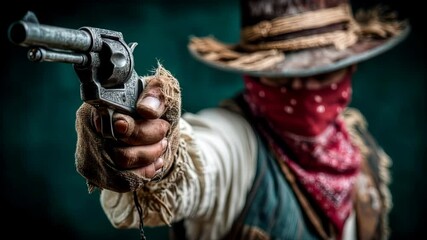 A masked cowboy aiming a revolver in a dramatic pose against a textured dark background