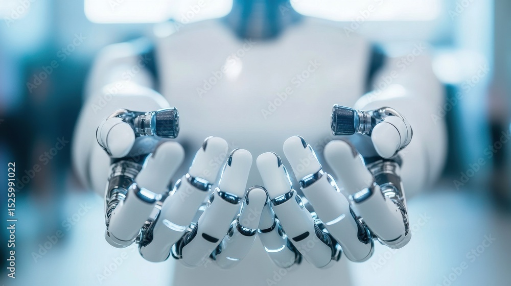 Poster a futuristic robot with open hands symbolizes innovation and technology. this image captures the ess