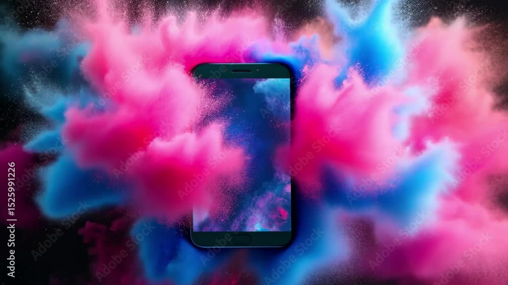 Poster smartphone display surrounded by an explosion of vibrant abstract colors creating a striking visual 