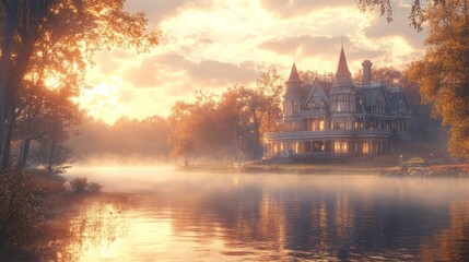Obraz premium Autumnal Mansion by the Lake: A Serene Sunset