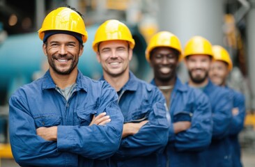 Diverse group of workers wearing hard hats