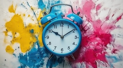 An alarm clock sits at the center of vibrant paint splashes in blue and orange, showcasing a top-view flat lay composition. The colorful display contrasts with the simple white background.