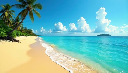 Golden sand, azure sea, distant silhouette of island, background, coast, bright