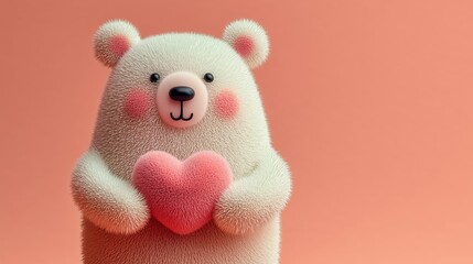 Adorable fluffy bear holding pink heart