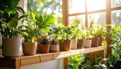 Potted plants and vibrant flowers adorning a home's interior, bringing nature indoors by the window or on a wooden table