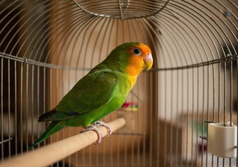 Fototapeta na wymiar Colorful parrot perched on wooden perch inside metal cage with blurred background of home environment showcasing bird’s vibrant plumage and expressive features