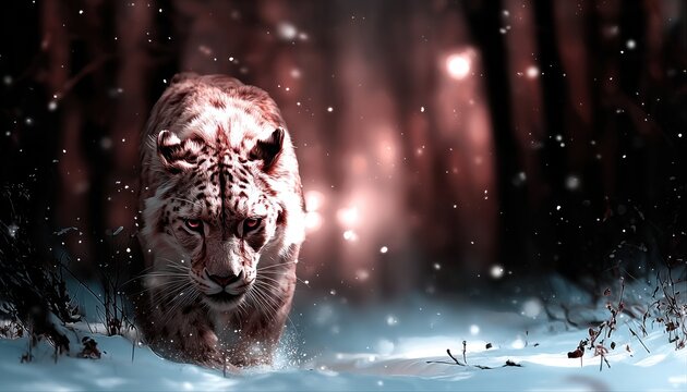 A snow leopard strides through a winter forest