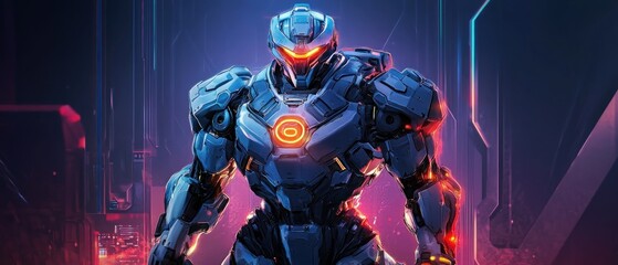 Fototapeta premium Futuristic Robot Warrior in Cyberpunk Style, Ready for Battle in a Digital World