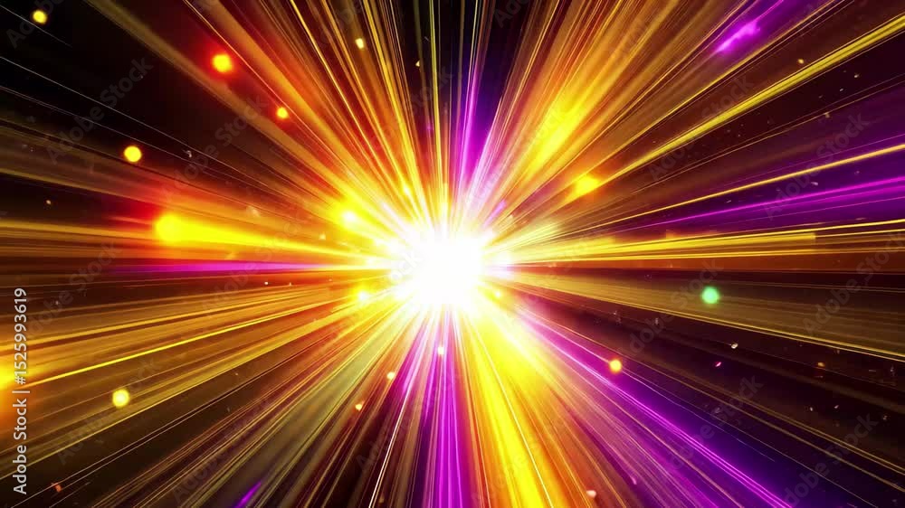 Poster multicolored light burst radiates from central point creating dynamic visual energy, multicolored li