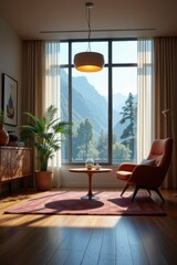 Fototapeta premium Sunlit Living Room with Mountain View, Orange Armchair and Red Rug