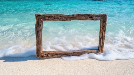 Summer beach composition with rustic wooden frame and bright turquoise sea backdrop