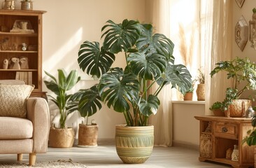 Indoor plants in living room interior decor