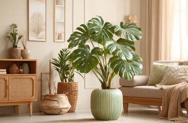 Living room decor with plants and neutral tones