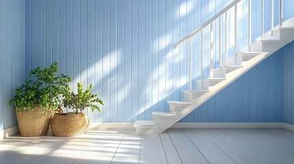 Scandinavian-style staircase with airy blue walls and clean lines