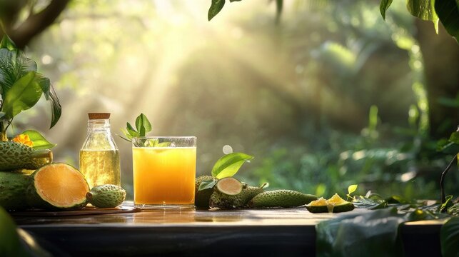 Rustic Thai-style setup of bael juice with chill tropical scenery and warm lighting