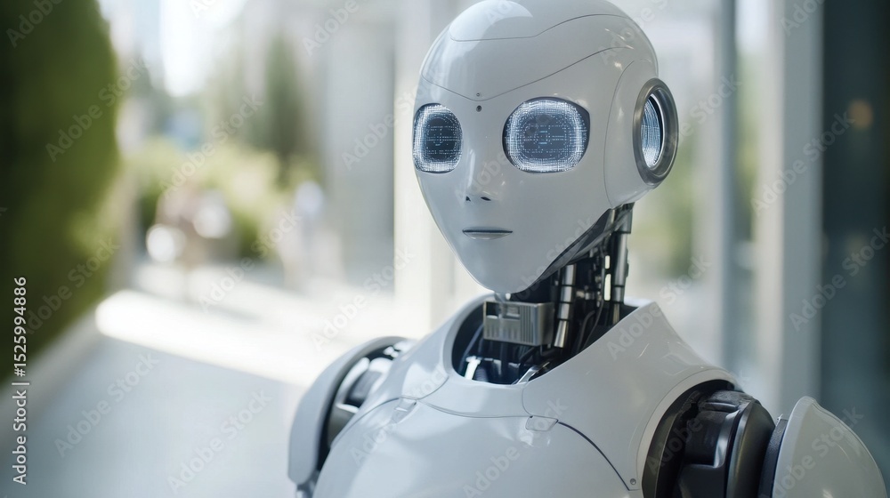 Aufkleber a futuristic humanoid robot stands against a modern backdrop, showcasing advanced technology and inn