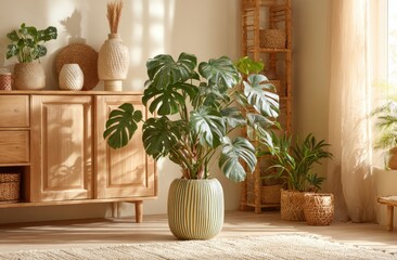 Indoor plants arrangement in bright living room