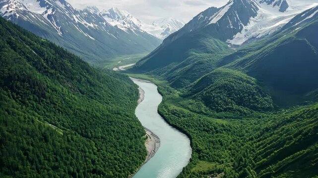 Stunning aerial view of Terek River winding through the mountains of Georgian Moun, Aerial Pullback Reveals Terek River in Georgian Mountain Valley