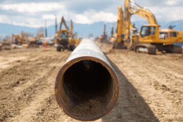 Pipeline construction site with machinery and infrastructure