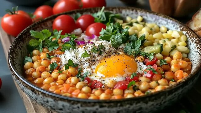 Delicious Middle Eastern Shakshuka Inspired Chickpea Bowl with a Sunny Side Up Egg