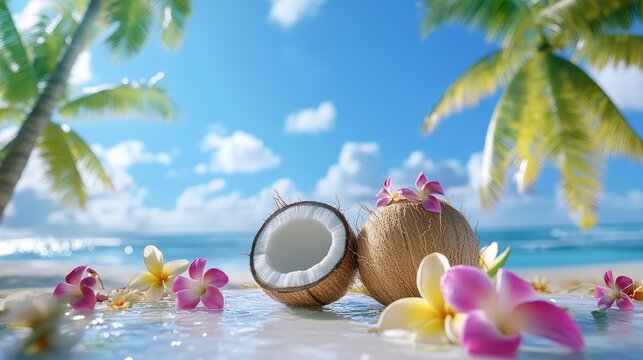 Refreshing coconut served island-style with tropical under clear blue sky