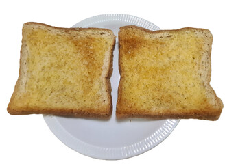 two Grilled toasts wheat bread sliced on white plate isolated on white background, sliced sandwich bread homecooked