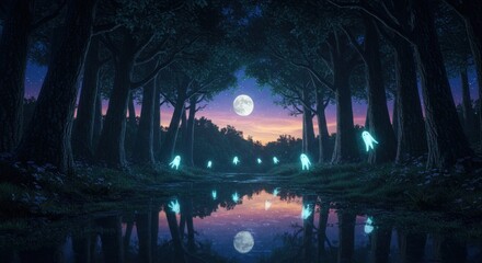 Moonlit river in enchanted forest