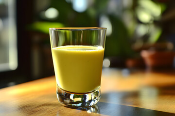 Smoothie in a clear glass placed off-center on a wooden table. 