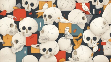 Skull pattern with birds and autumnal motifs