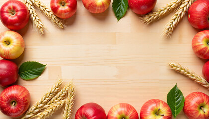 Fresh red apples and wheat arranged on wooden background, Apple saved 