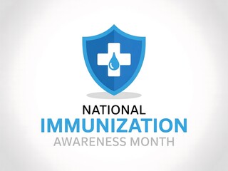 A blue shield with a white cross and droplet for national immunization awareness month event