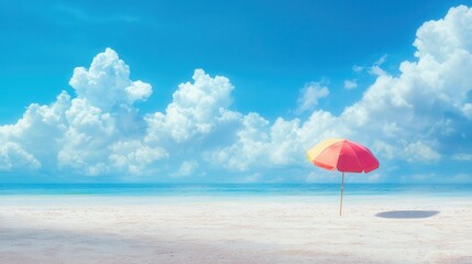 summer concept. Serene beach scene with colorful umbrella and fluffy clouds.