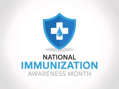 A blue shield with a white cross and droplet for national immunization awareness month event