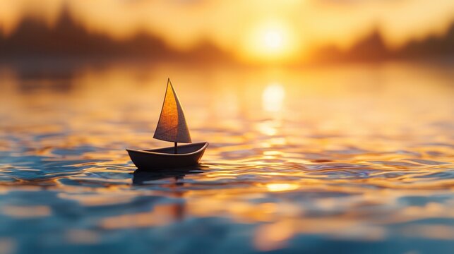 summer concept. Small sailboat drifting on shimmering water at sunset.